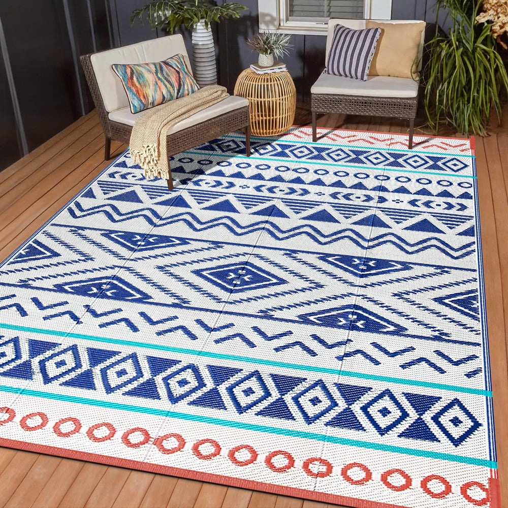 Kalafun Waterproof Reversible Patio Rug 6x9 ft blue red front view