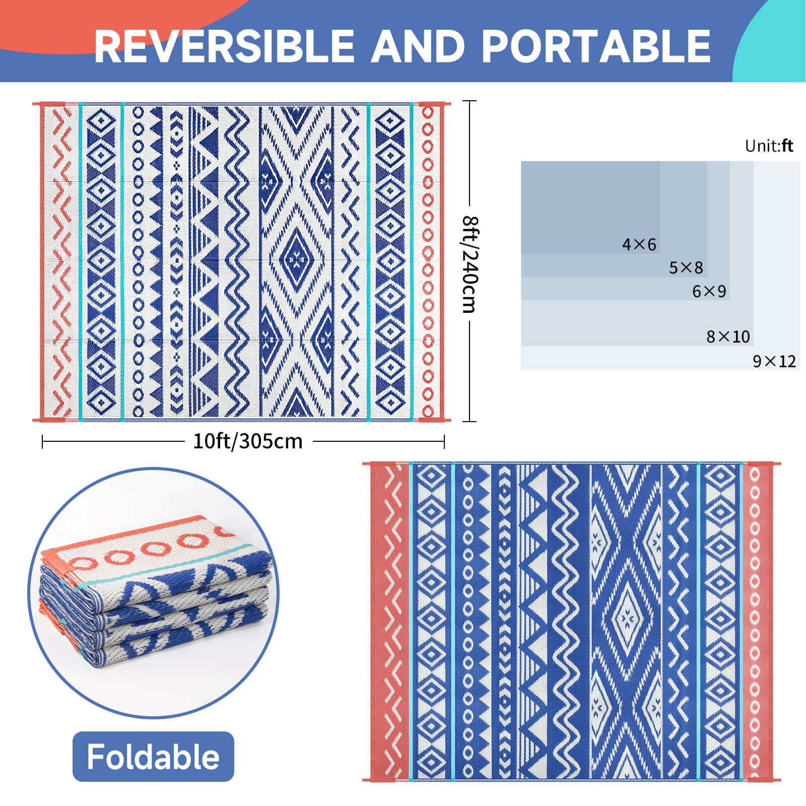 Kalafun Waterproof Reversible Patio Rug 8x10 ft, folded for storage