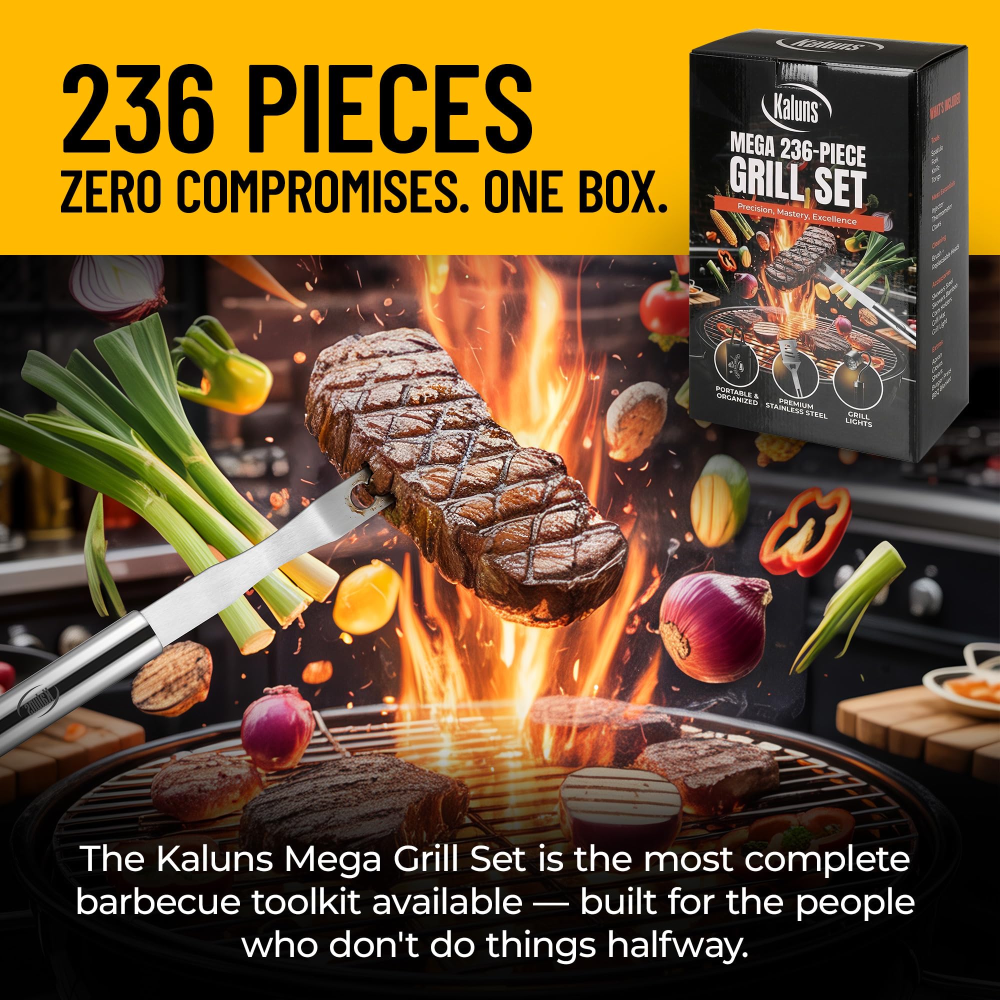 Kaluns grilling tools including spatula, tongs, and meat knife