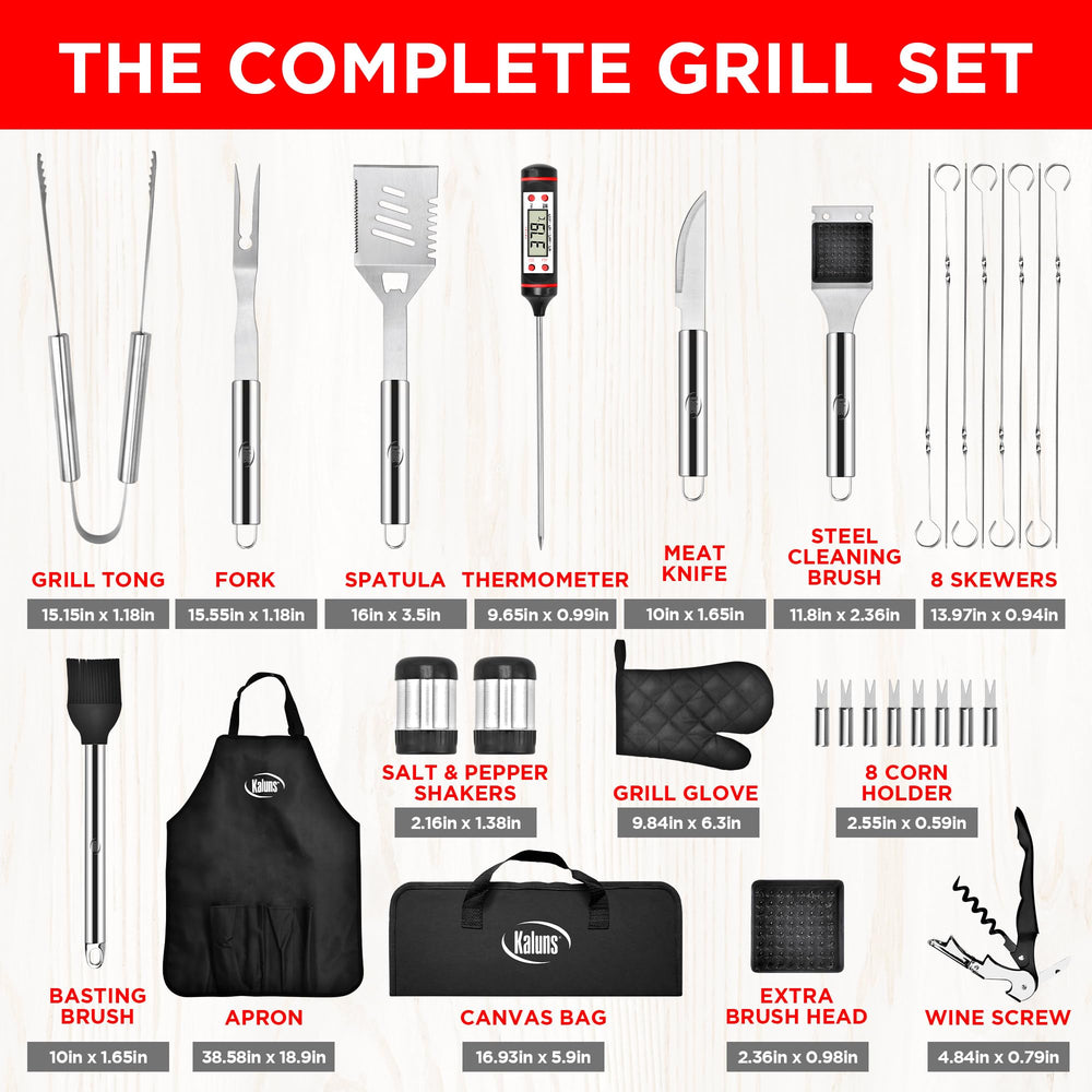 Kaluns grilling tools including tongs, fork, and knife