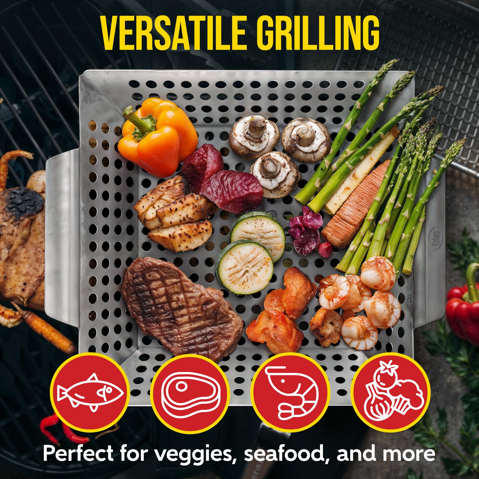 Kaluns heavy-duty stainless steel grill basket side view