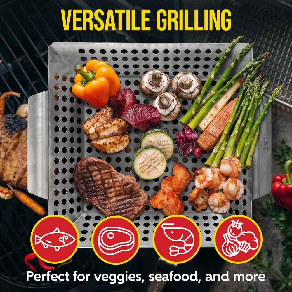 Kaluns heavy-duty stainless steel grill basket side view