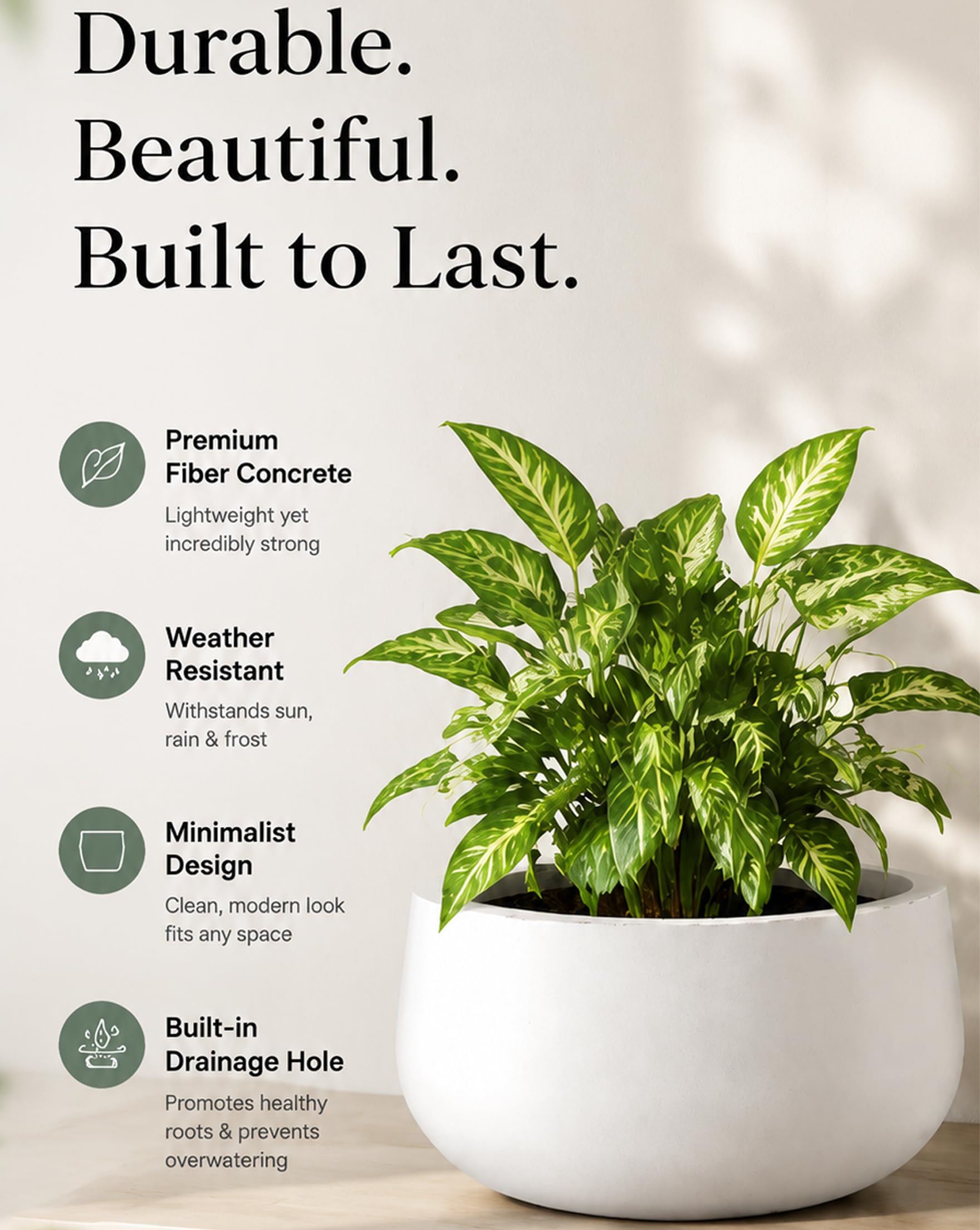 Kante 11-inch white concrete planter side view