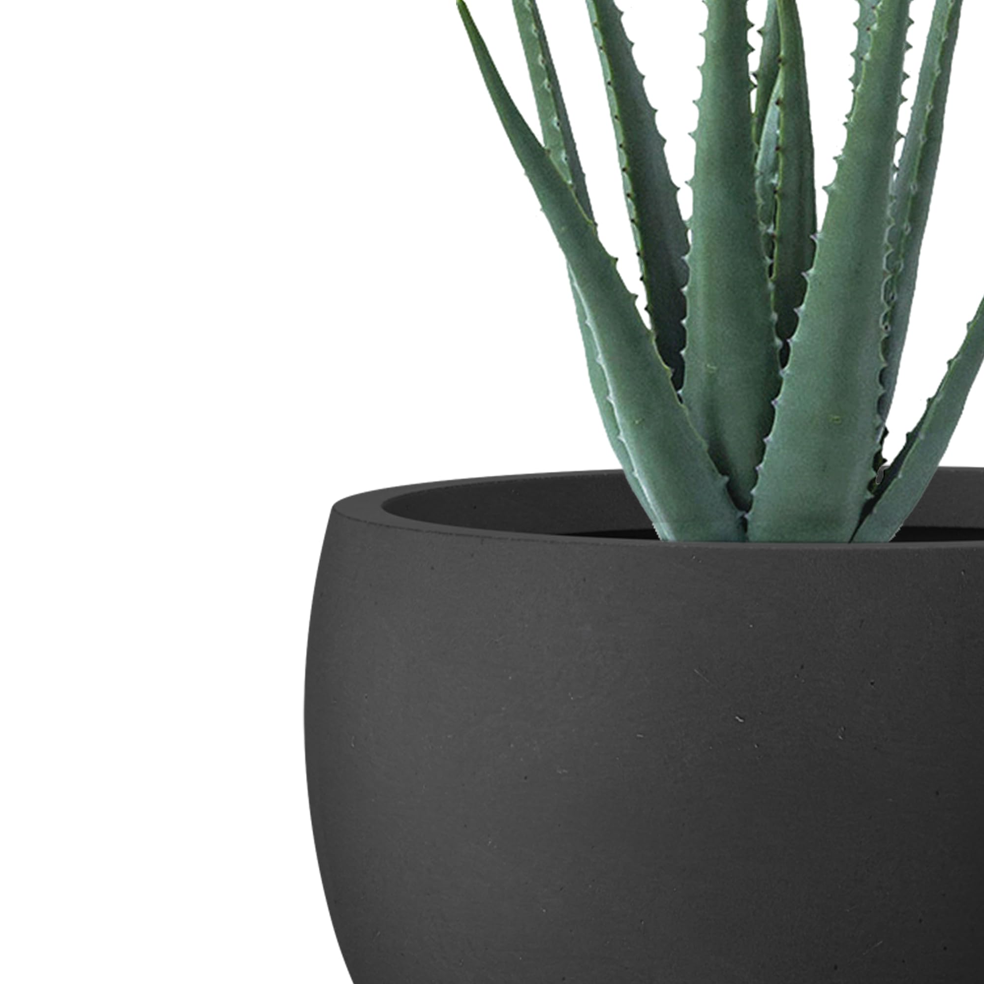 Kante Small Round Black Concrete Planter on patio with flowers