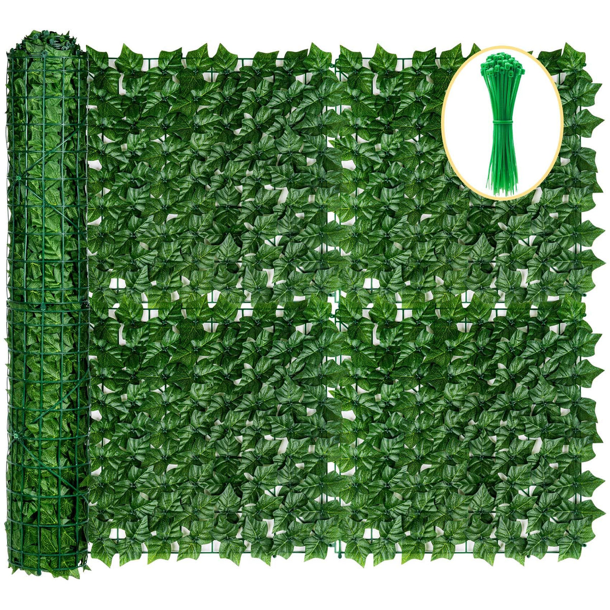 KASZOO artificial ivy privacy fence screen front view with green maple leaves