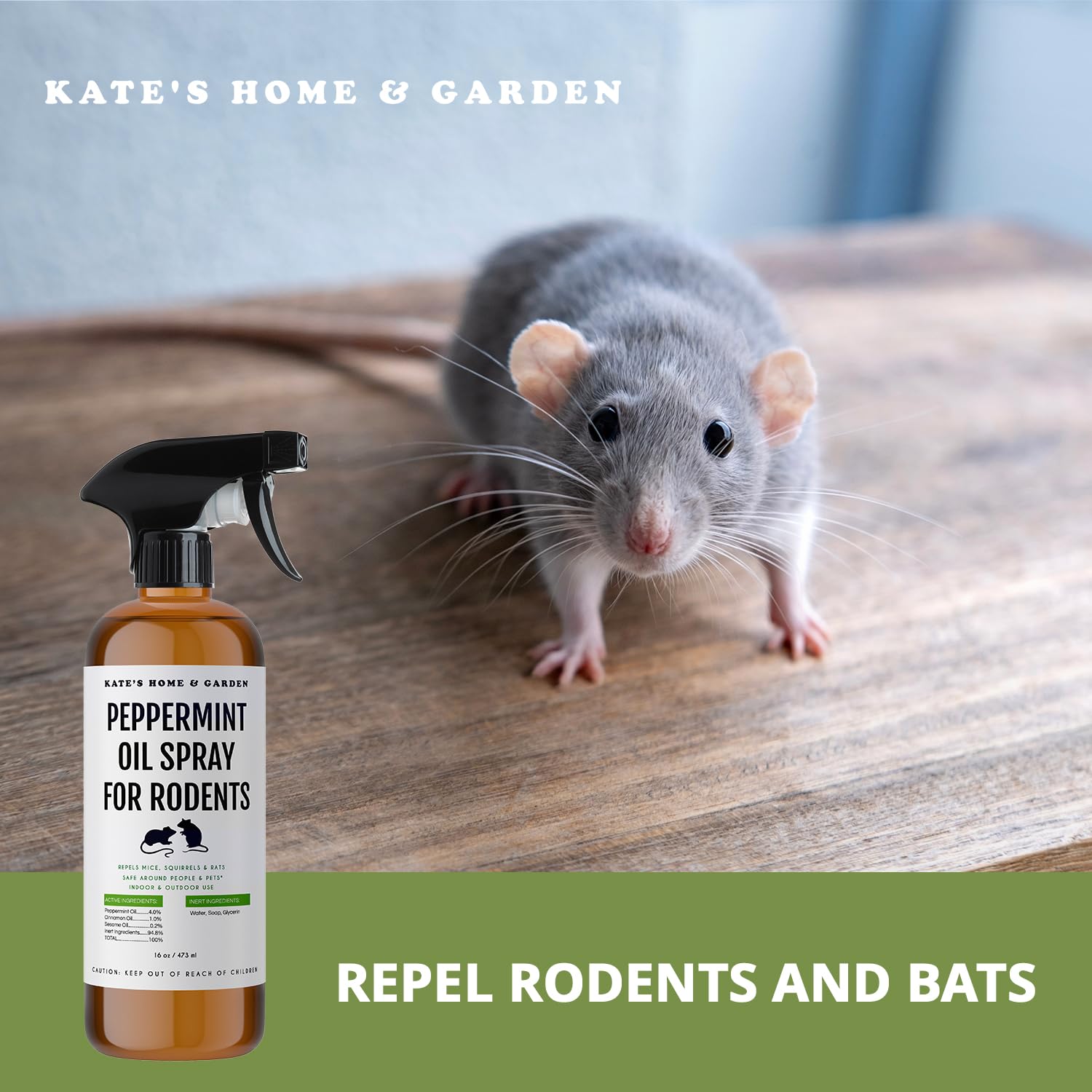 Kate Naturals Peppermint Oil Spray 16oz bottle next to household items