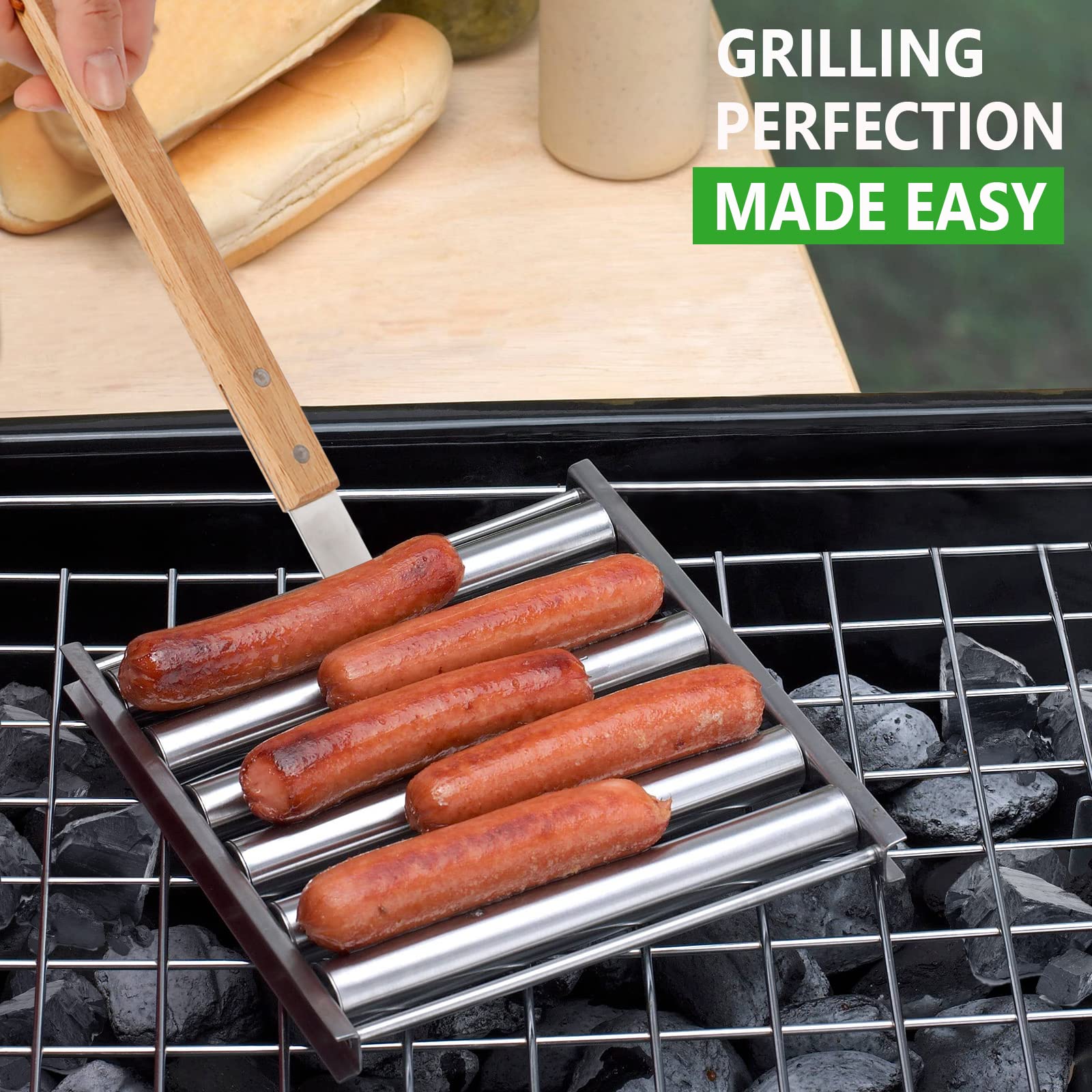 KAYCROWN Hot Dog Roller with extra long wooden handle
