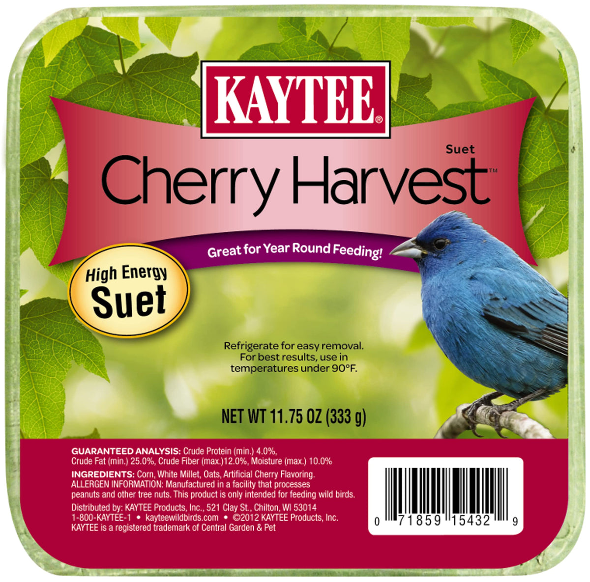 Kaytee Wild Bird Mini Cherry Harvest Suet Cake front view, 11.75 oz