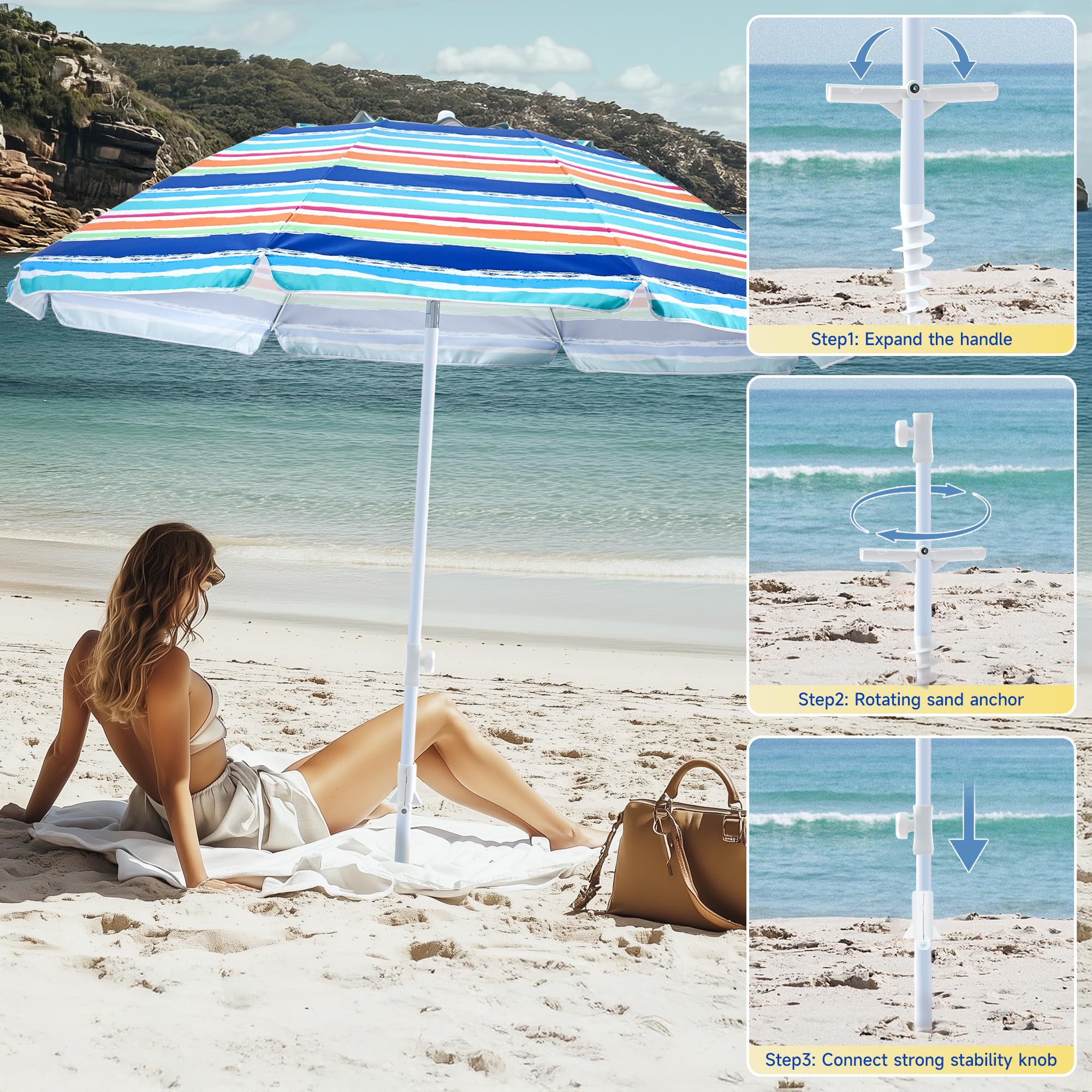 Kbrellaoutlets Beach Umbrella side view with sand anchor