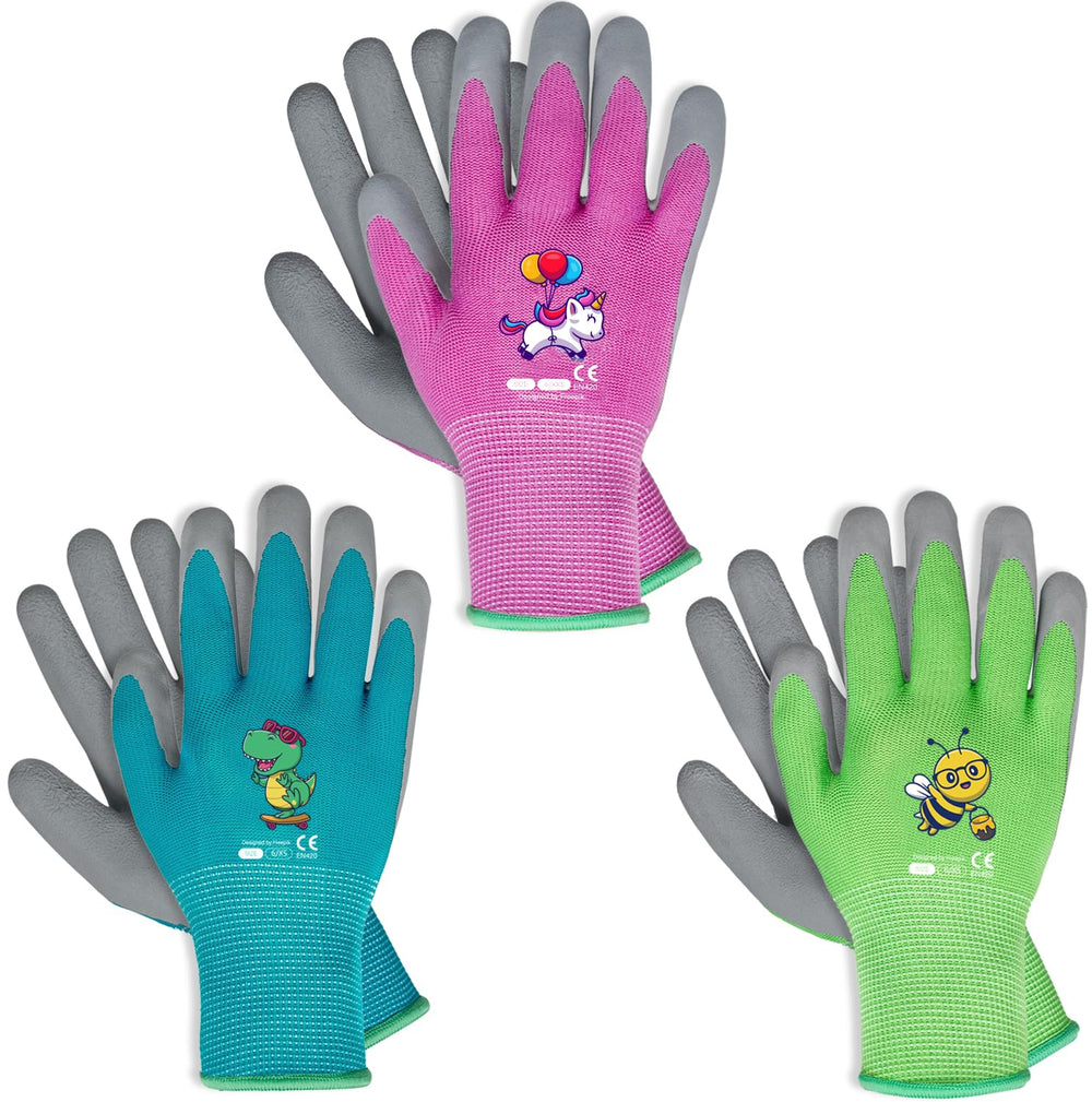 KDK Kids Gardening Gloves pack of 3 in green, blue, and pink