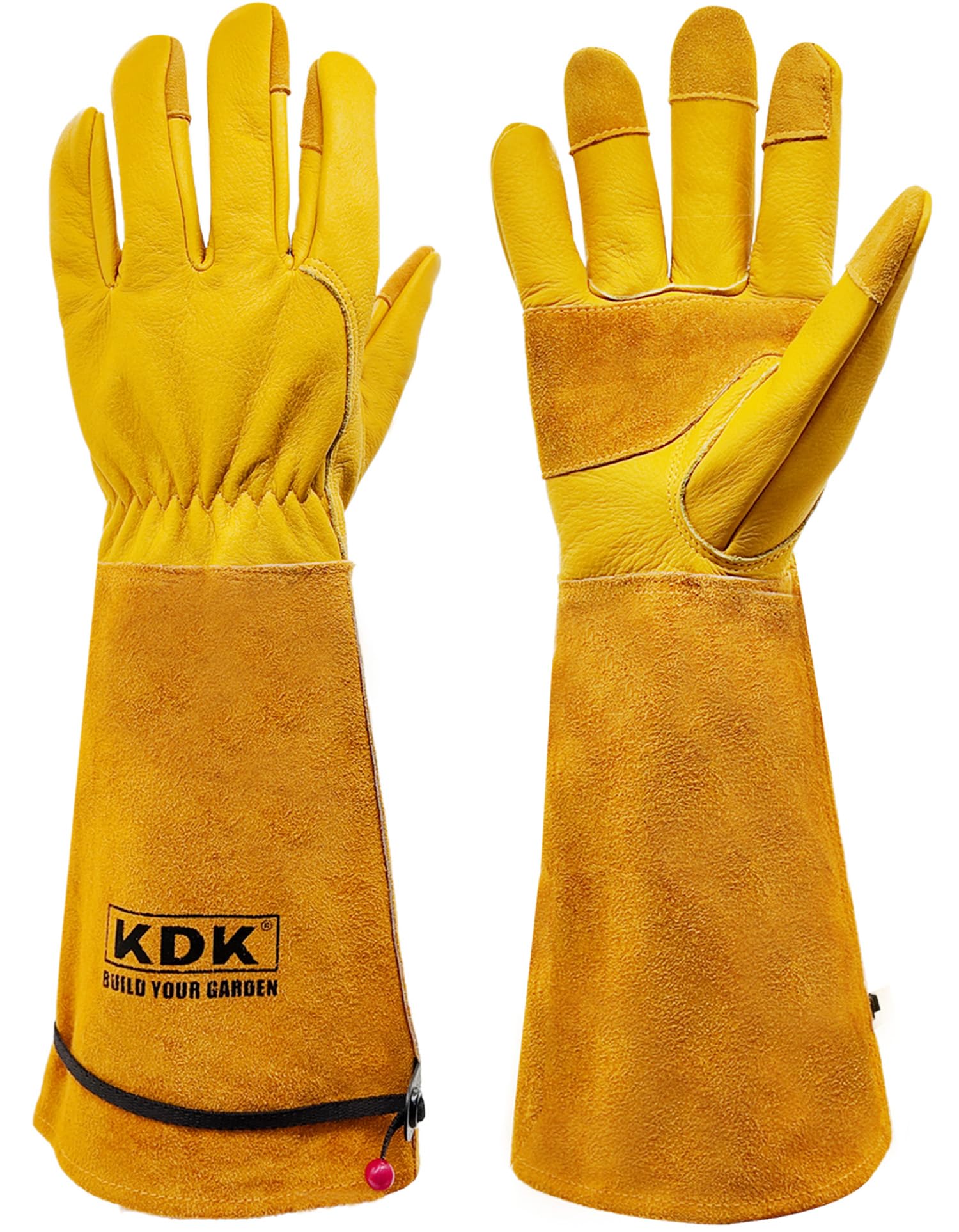 KDK Long Cowhide Gardening Gloves front view, yellow, X-Small