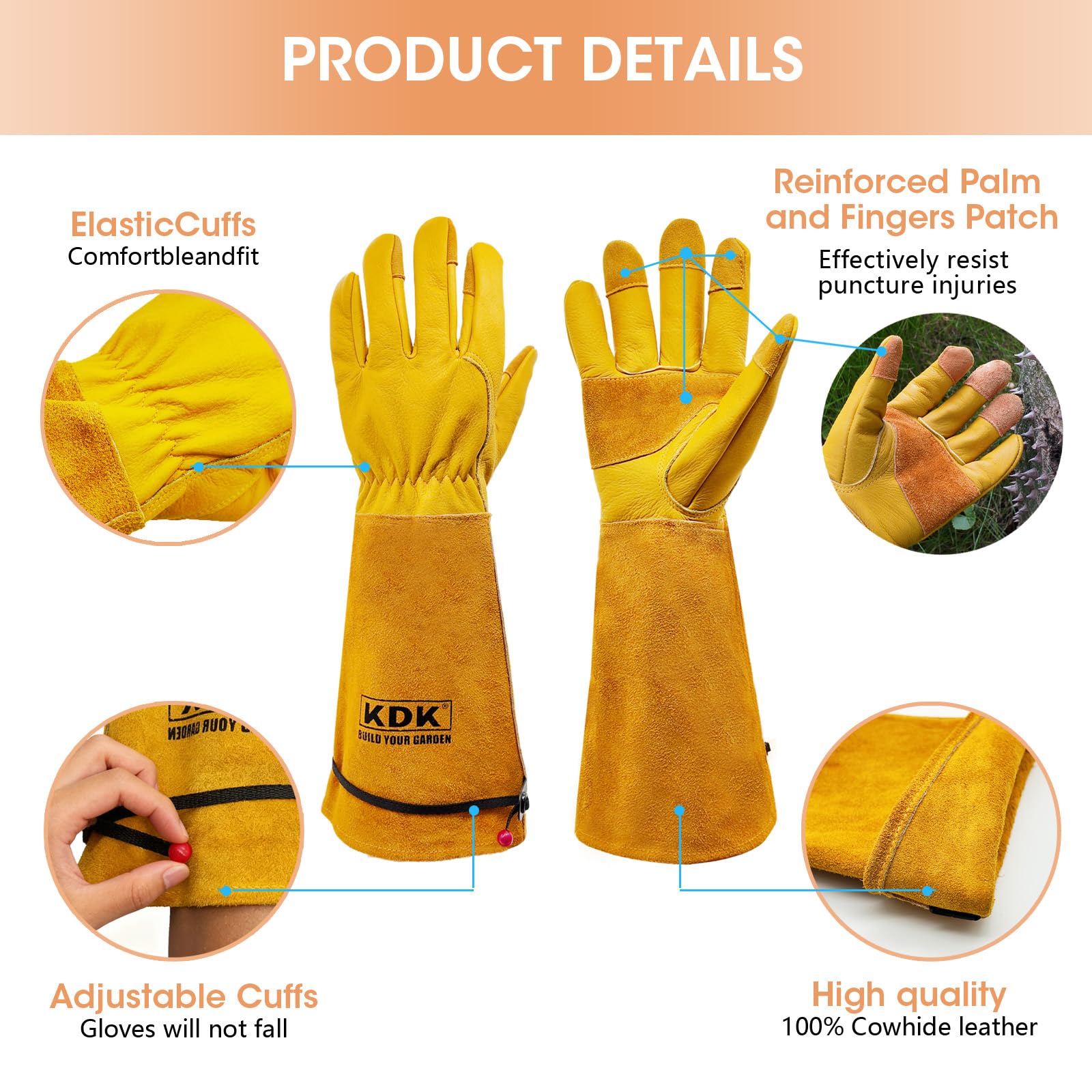 KDK Long Cowhide Gardening Gloves showing palm protection details