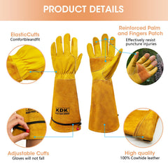 KDK Long Cowhide Gardening Gloves showing palm protection details