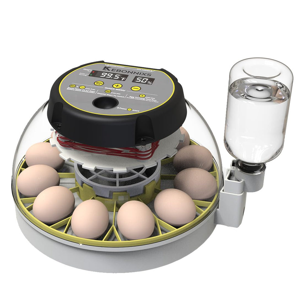 KEBONNIXS 12 Egg Incubator front view with humidity display