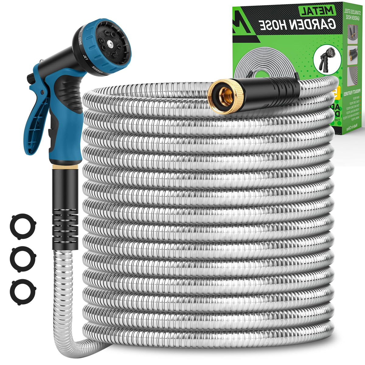 Kebose Garden Hose 100FT front view with stainless steel finish
