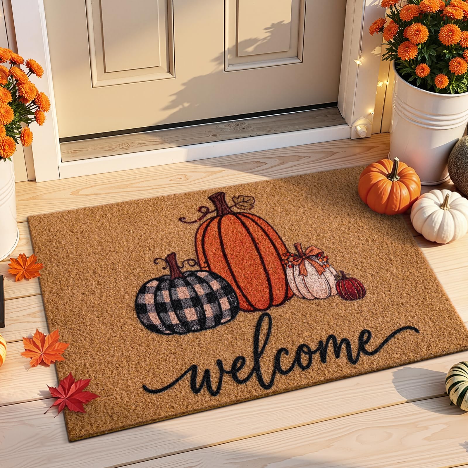 Kelarea Fall Door Mat with Pumpkin design front view