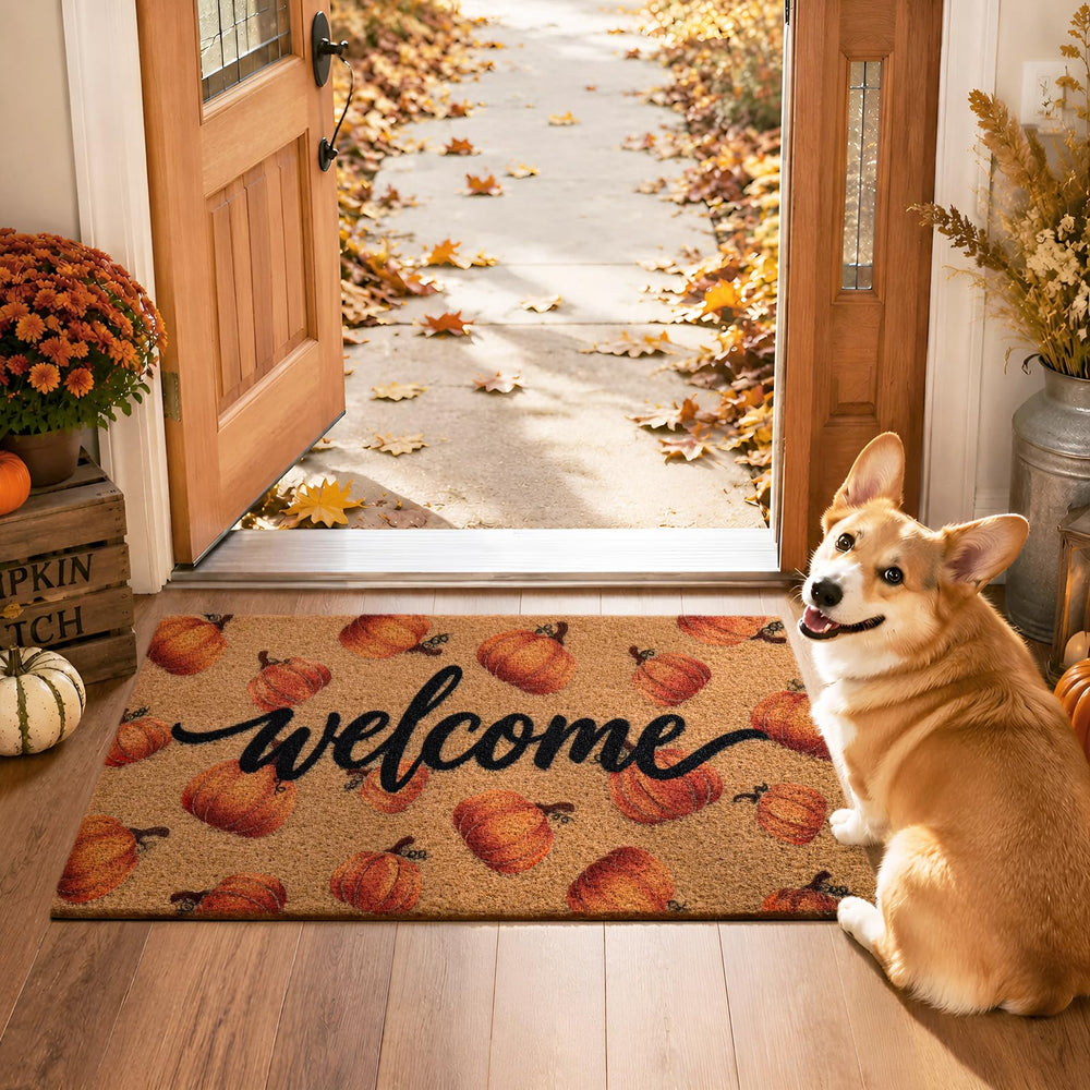 Kelarea Fall Pumpkin Door Mat in use
