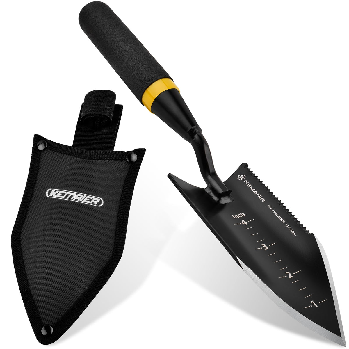 Kemaier Heavy Duty Gardening Hand Trowel front view with stainless steel blade