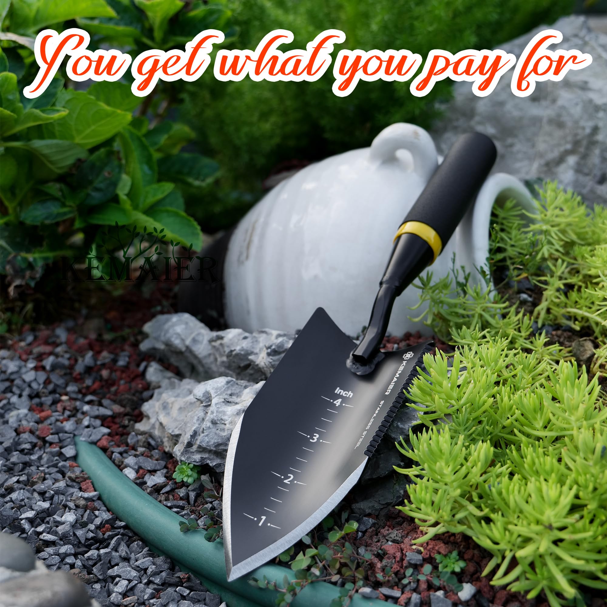 Kemaier trowel resting on soil, showing its application