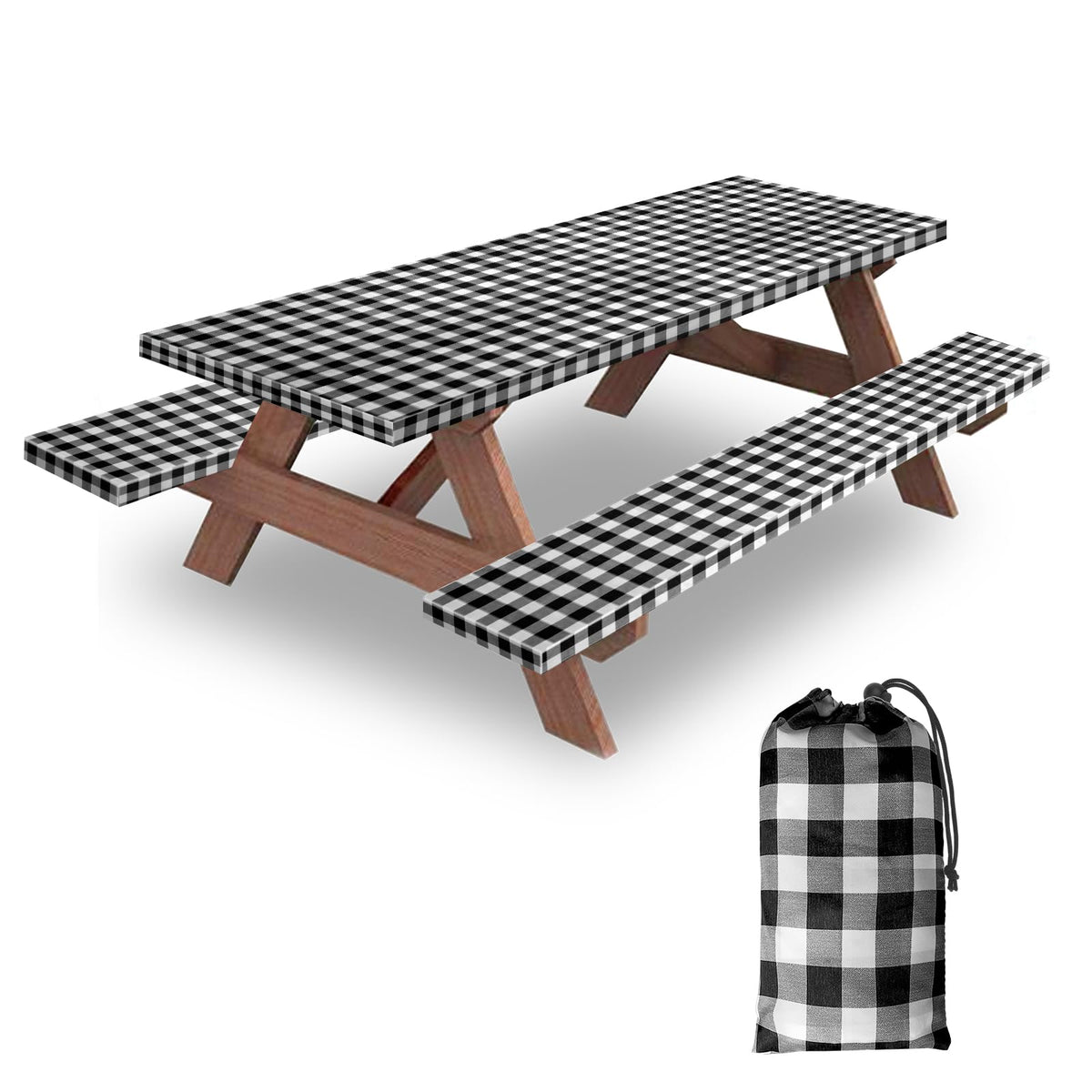 KENOBEE 6ft picnic table cover set in black-white checkered design