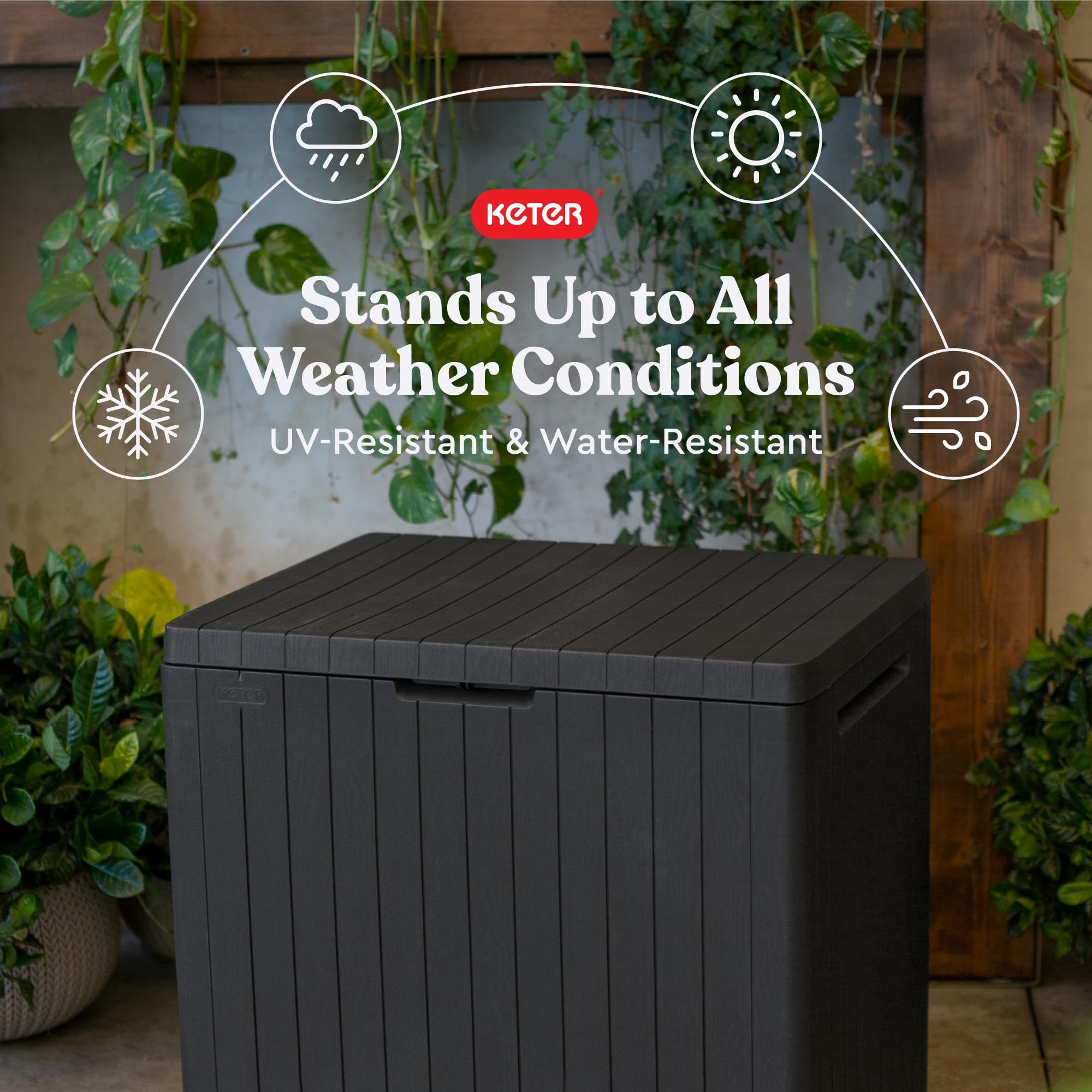 Keter City 30 Gallon Outdoor Storage Box in outdoor setting