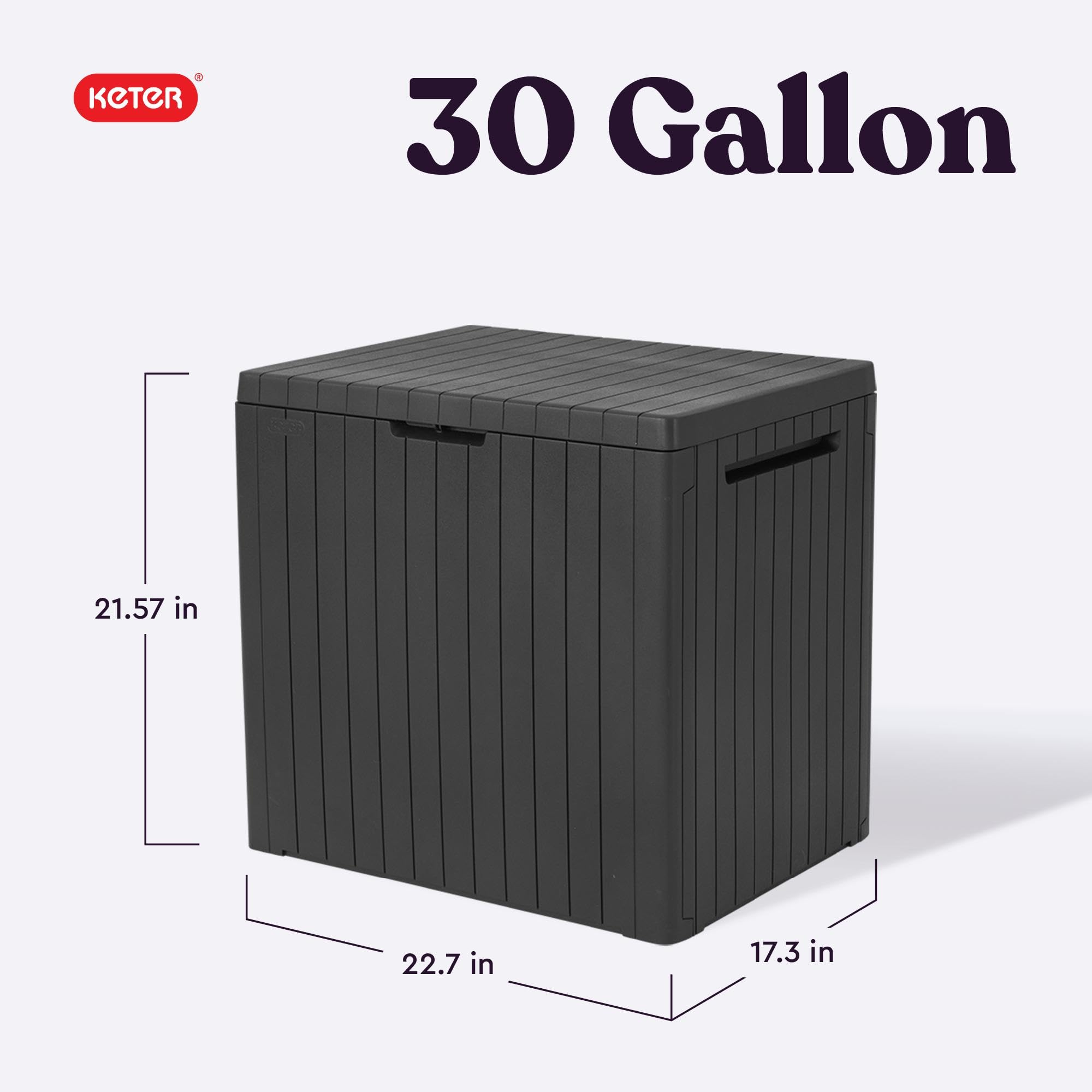 Keter City 30 Gallon Outdoor Storage Box side view showing dimensions