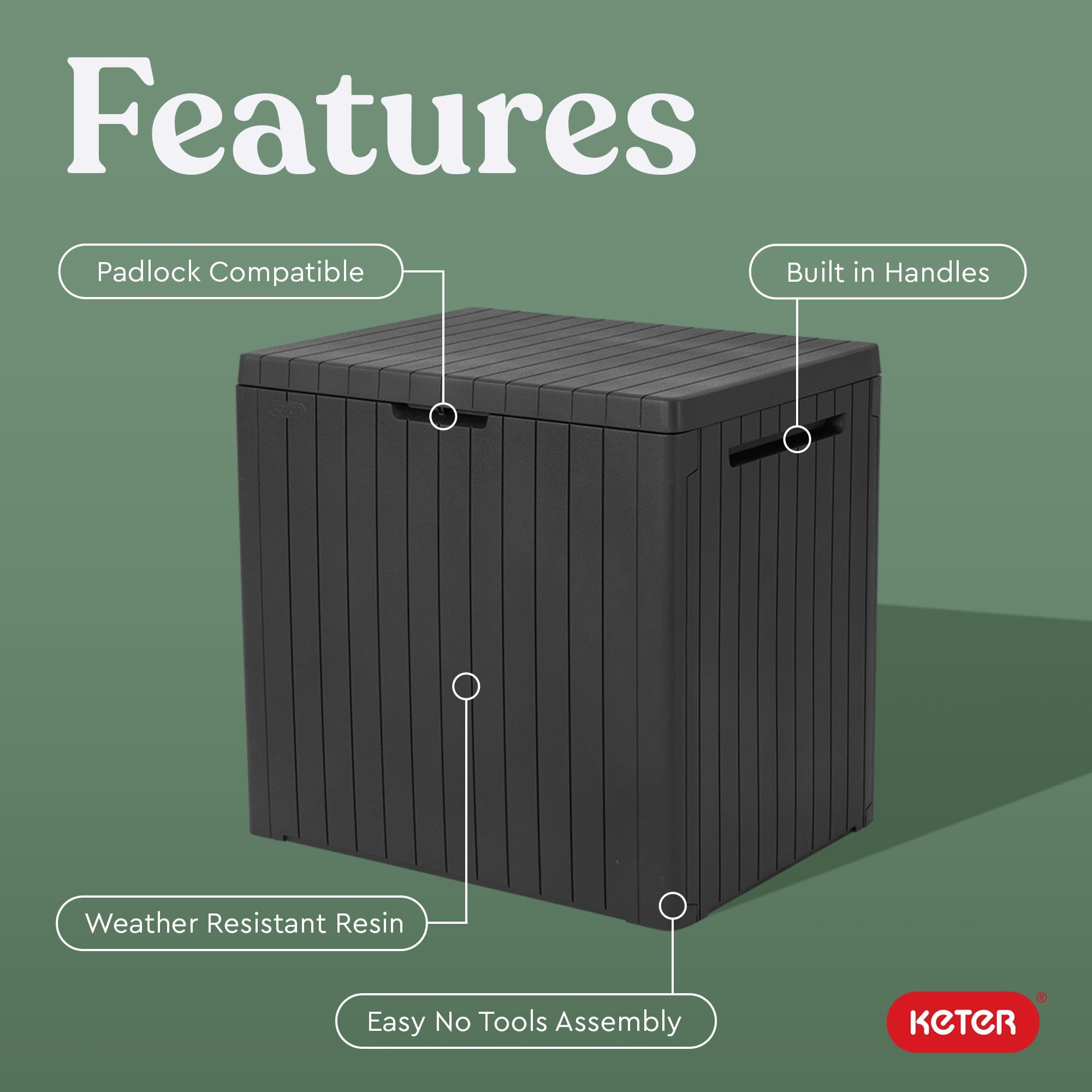 Keter City 30 Gallon Outdoor Storage Box with cushions inside