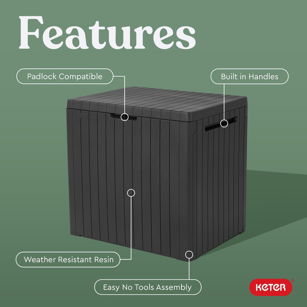 Keter City 30 Gallon Outdoor Storage Box with cushions inside