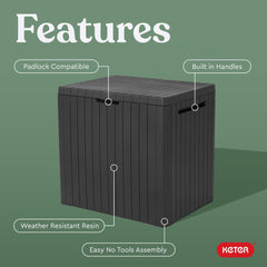Keter City 30 Gallon Outdoor Storage Box with cushions inside
