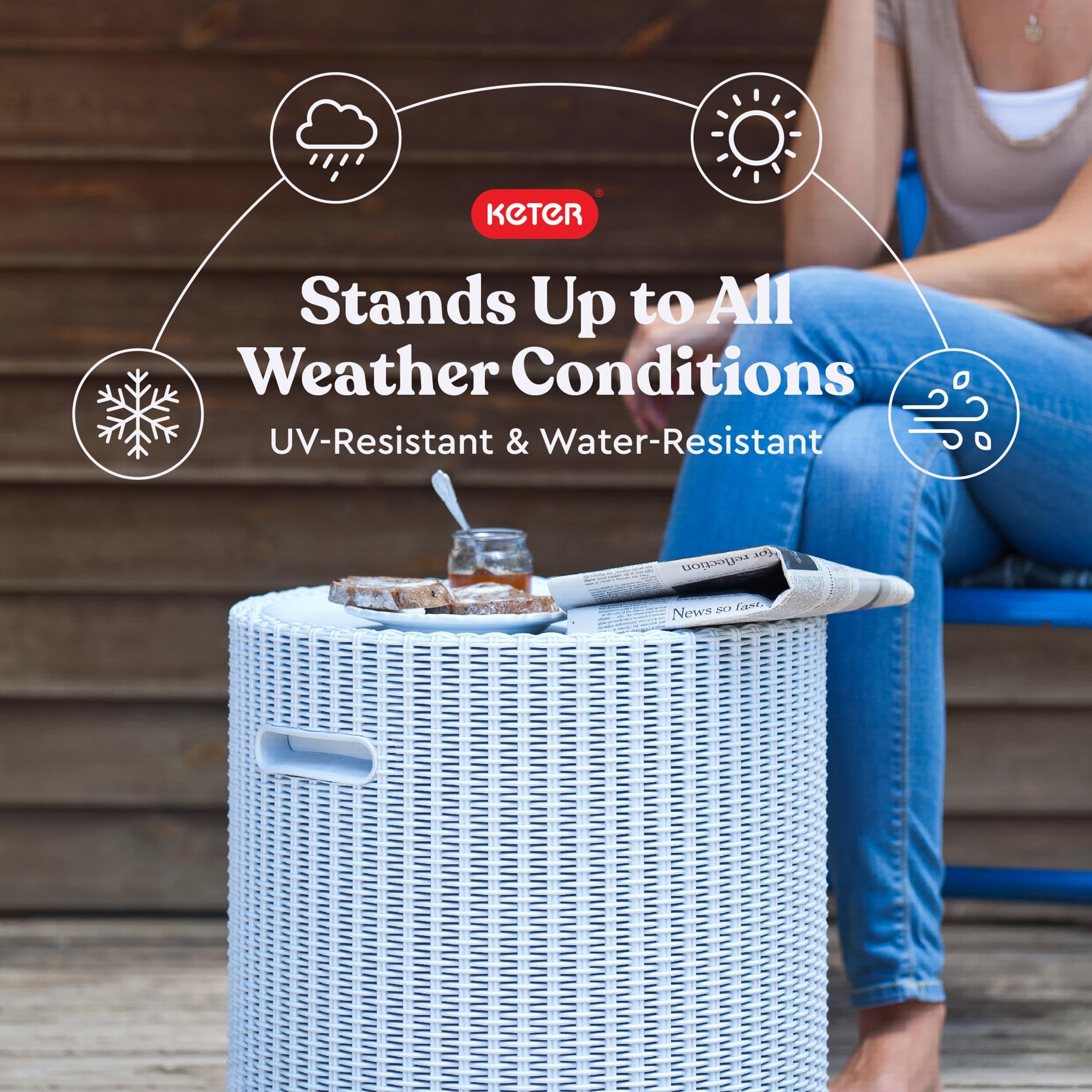 Keter Side Table Cooler in outdoor setting with beverages