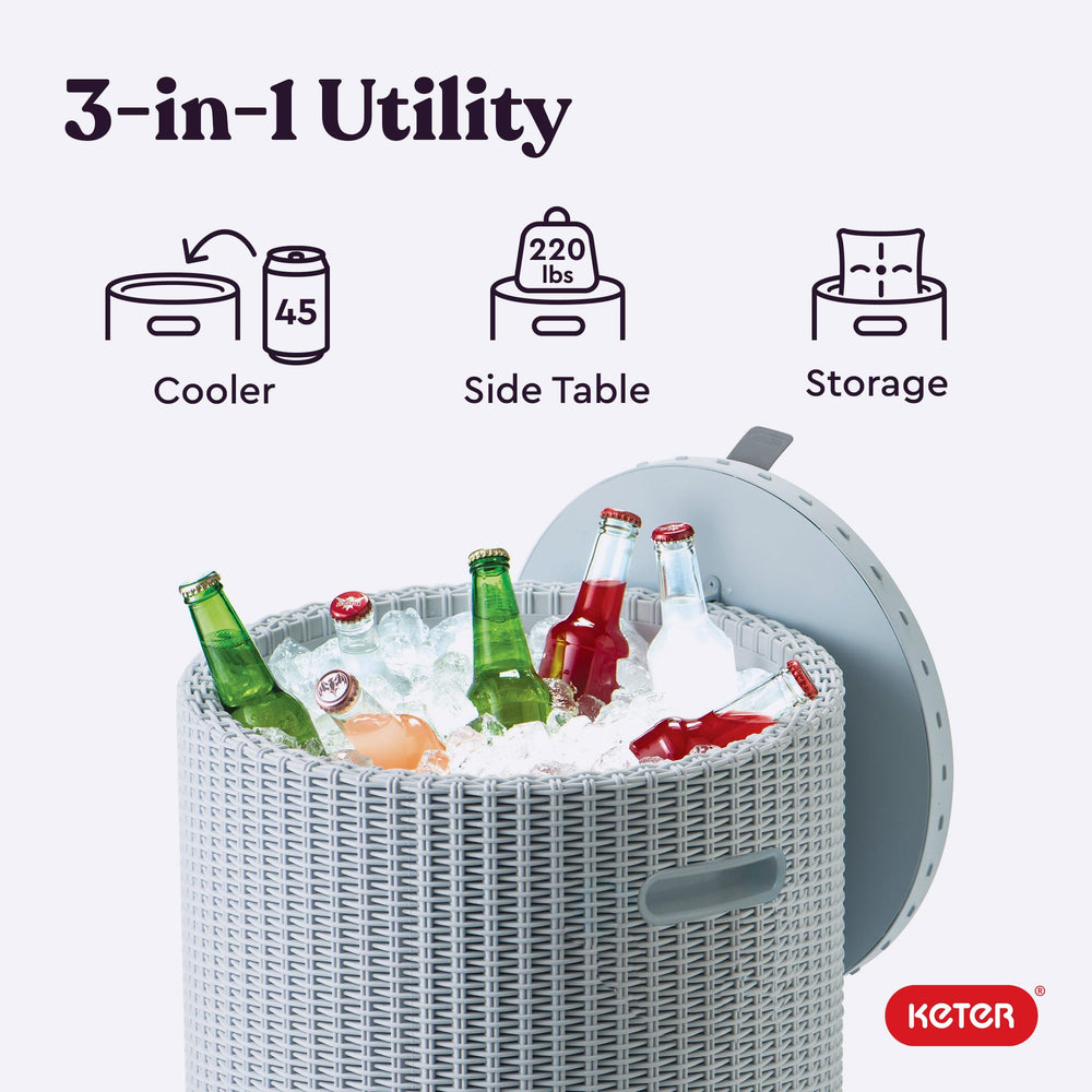 Keter Side Table Cooler used as seating at a patio