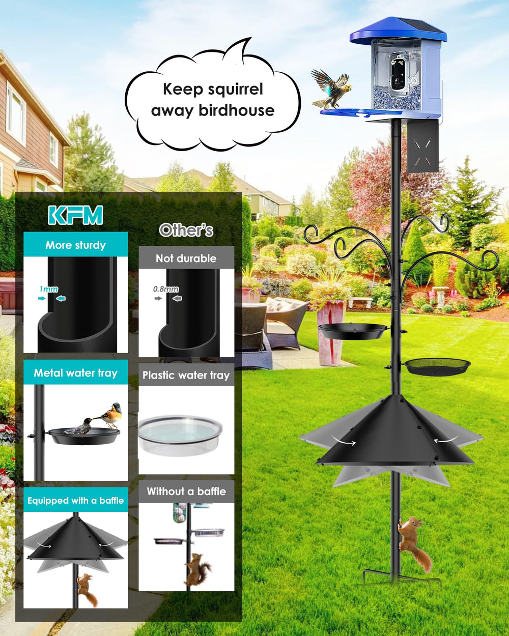 KFM Bird Feeder Pole with hooks and tray setup