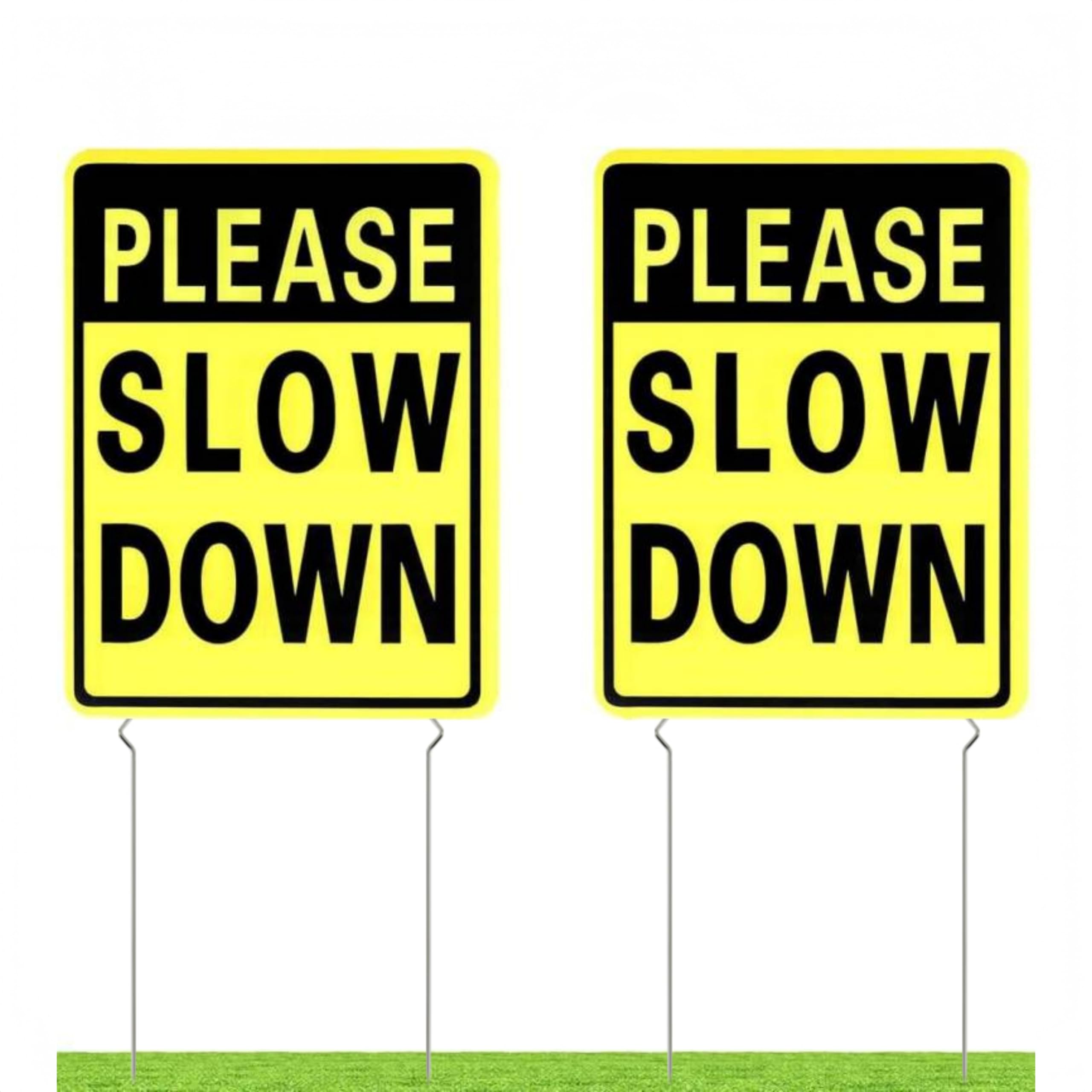 Kichwit 2 Pack Slow Down Yard Signs with stakes front view