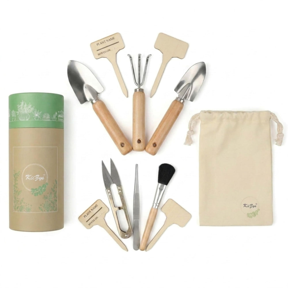 KIIZYS 12-Piece Garden Tools Set showcasing the transplanter and labels