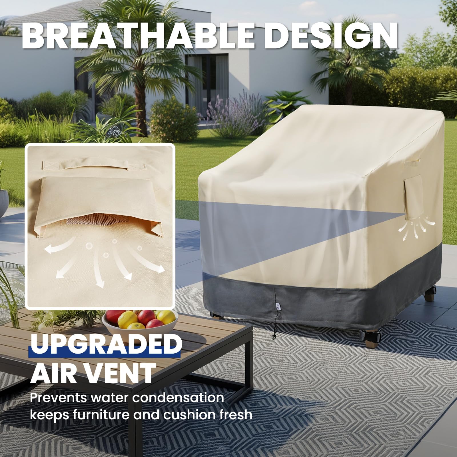 Kikcoin heavy-duty patio chair cover showing adjustable hem