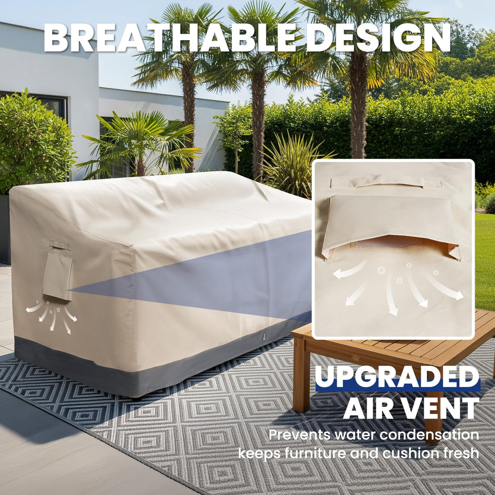 Kikcoin Outdoor Couch Cover shown on a patio sofa