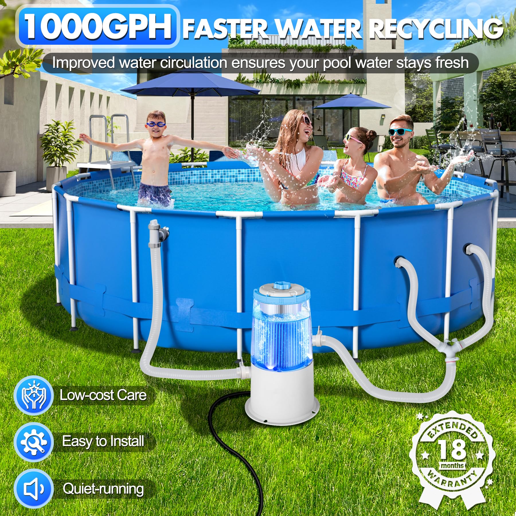 KimPump 1000 GPH filter pump during nighttime operation