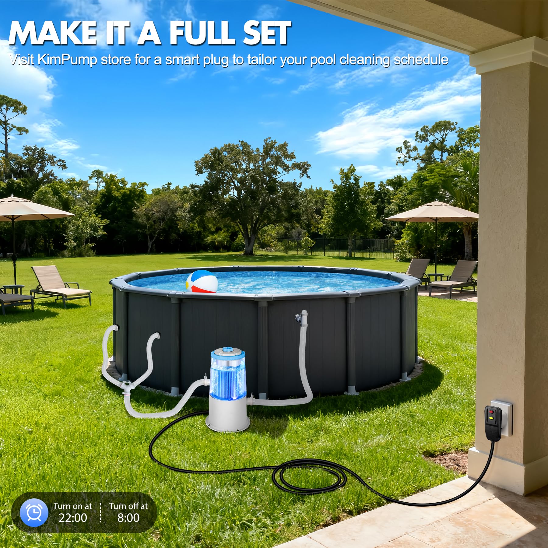 KimPump filter pump in a backyard pool setting