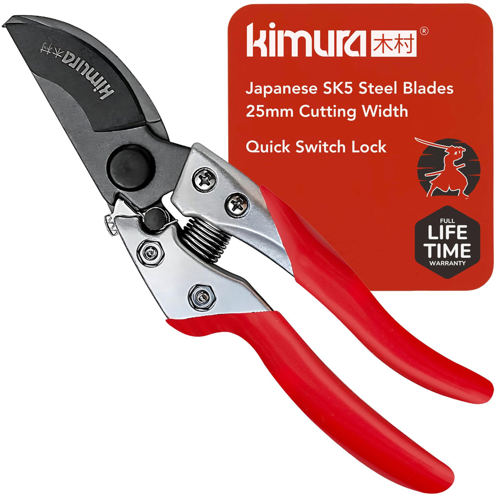 Kimura 8" Pro Bypass Pruning Shears front view, red colour