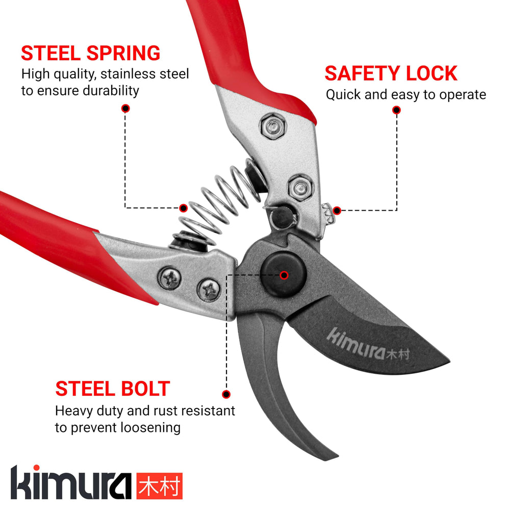 Kimura pruning shears with safety lock mechanism