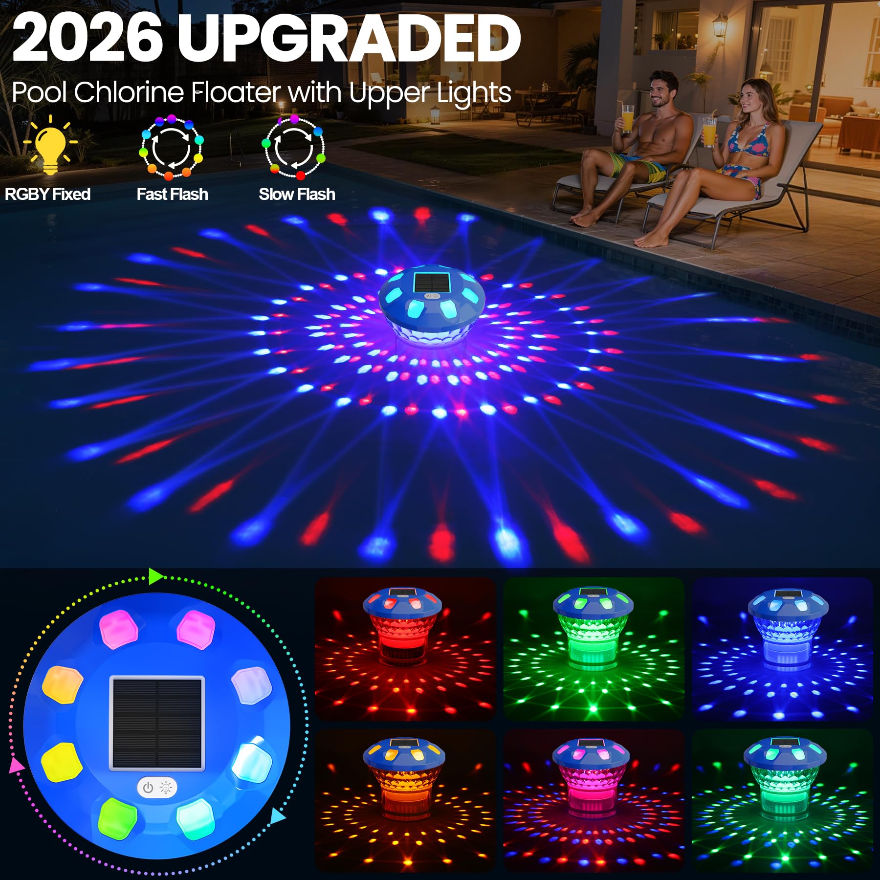 KingSom Solar Pool Chlorine Floater in a pool at night with glowing lights