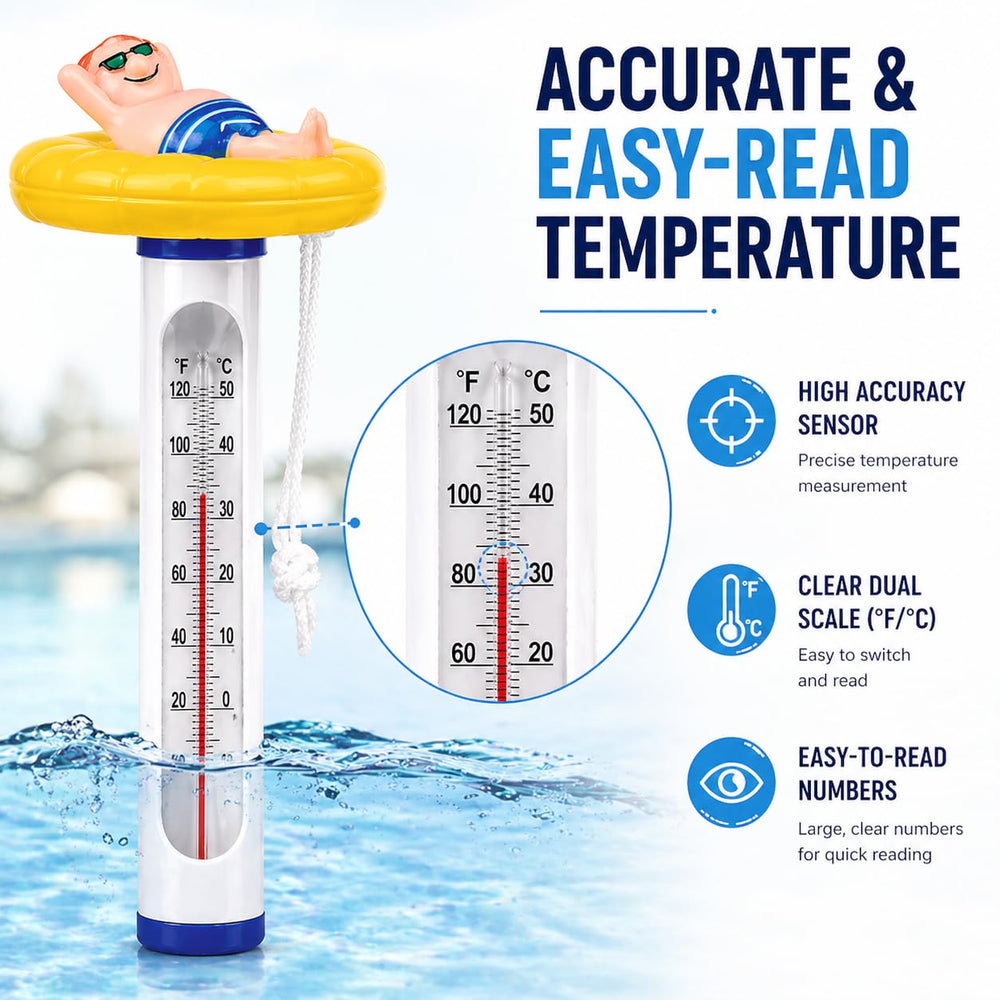 Kingsource Pool Thermometer displayed with other pool accessories