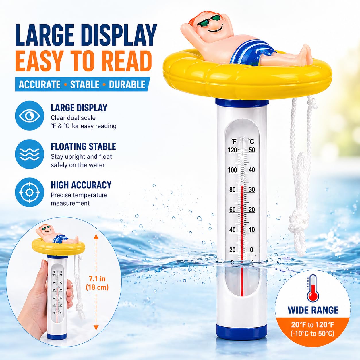 Kingsource Pool Thermometer floating in a swimming pool