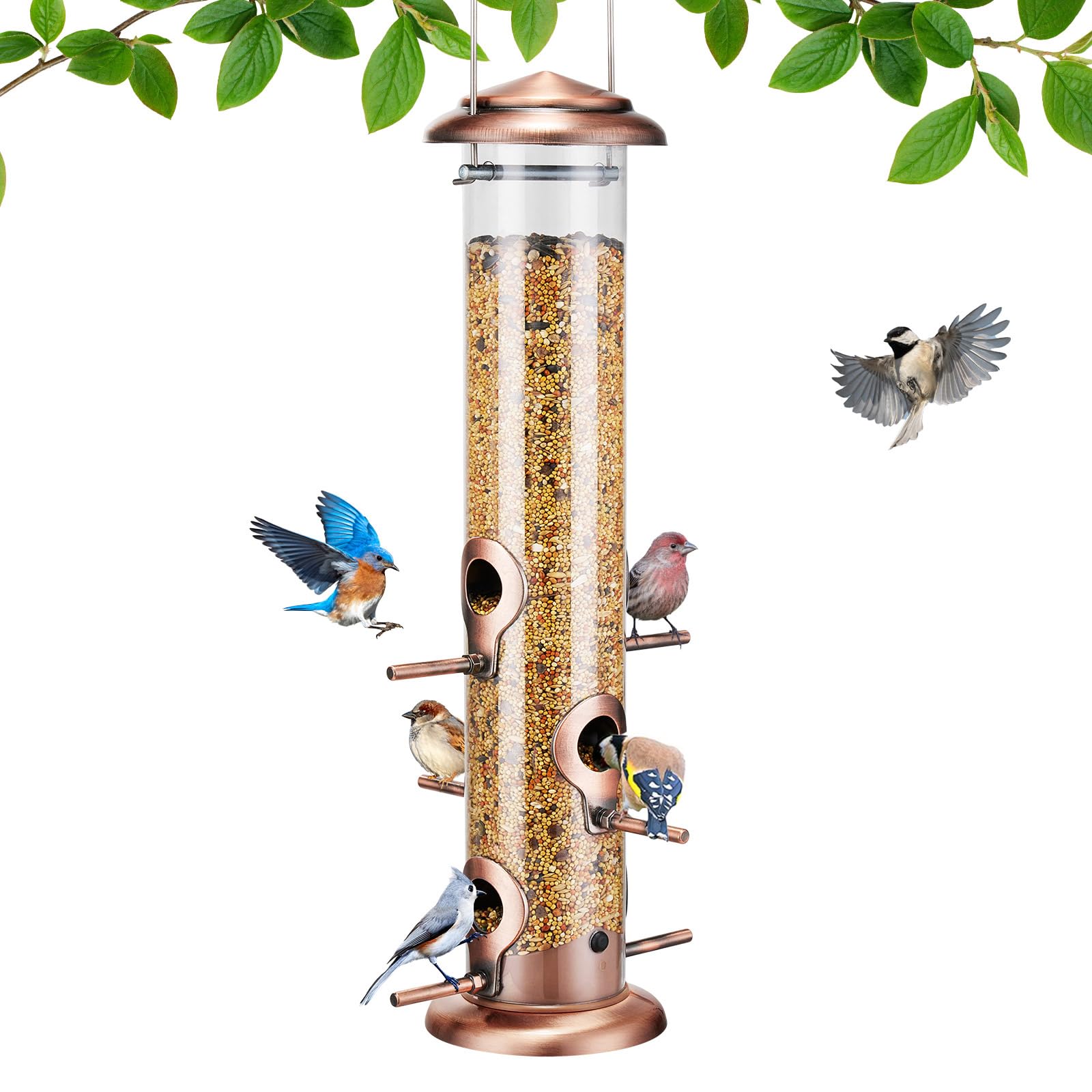 Kingsyard 15-inch Metal Tube Bird Feeder front view with antique copper finish