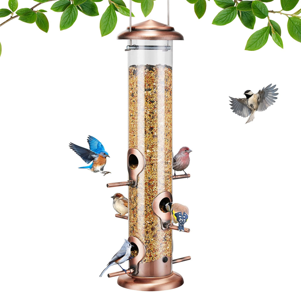 Kingsyard 15-inch Metal Tube Bird Feeder front view with antique copper finish