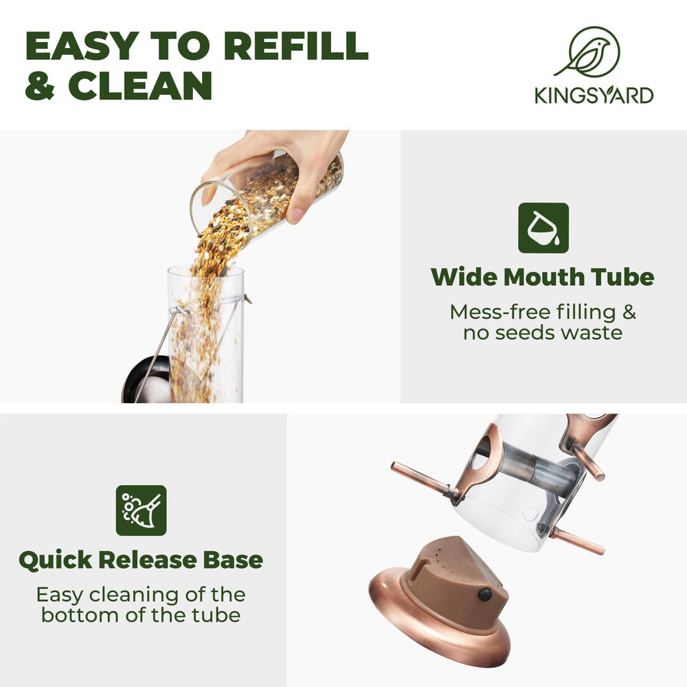 Kingsyard bird feeder with clear seed tube showing seed level