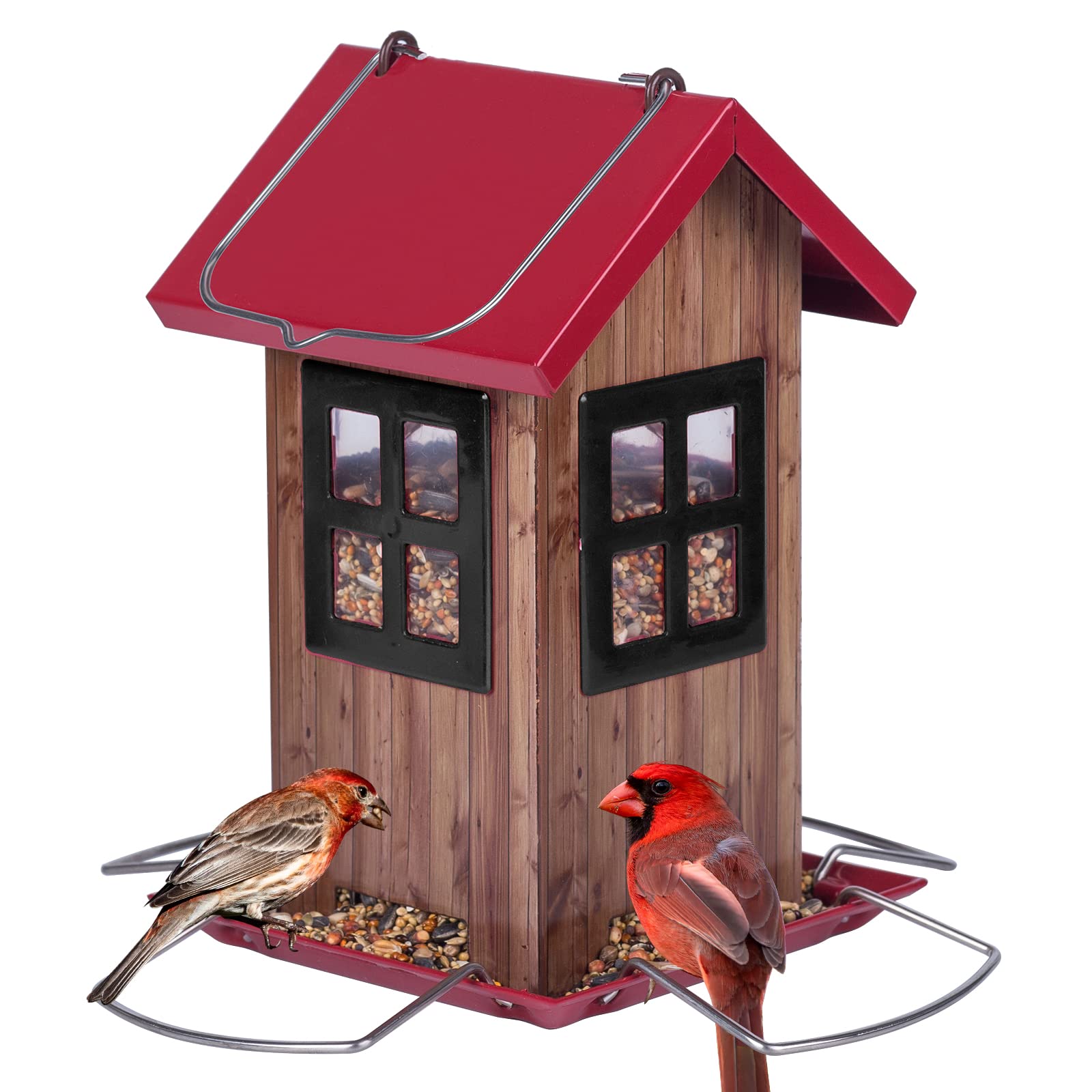 Kingsyard Bird House Feeder front view with red roof and black window