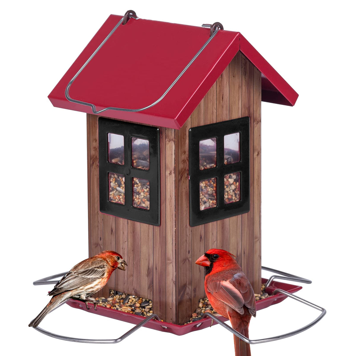 Kingsyard Bird House Feeder front view with red roof and black window