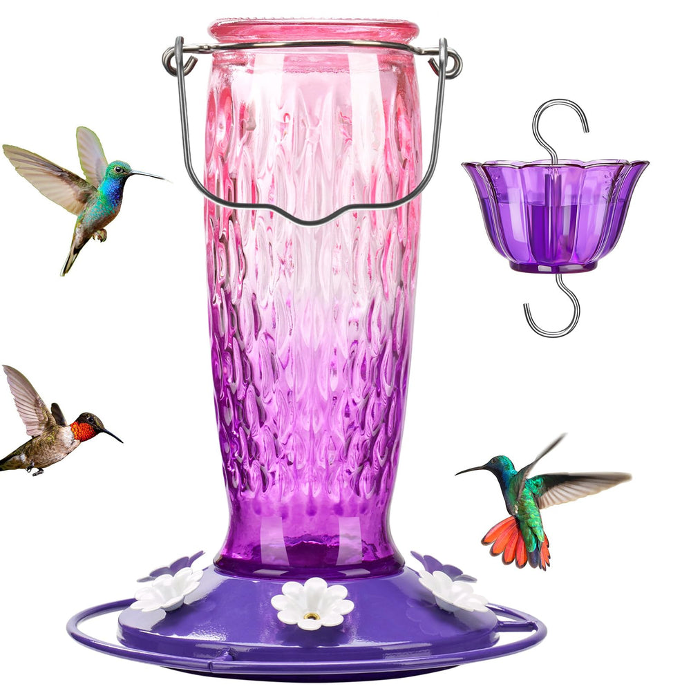 Kingsyard Glass Hummingbird Feeder front view in pink and purple