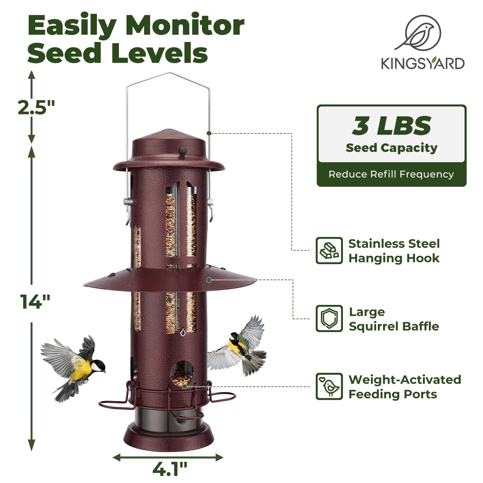 Kingsyard Squirrel Proof Bird Feeder showing feeding ports